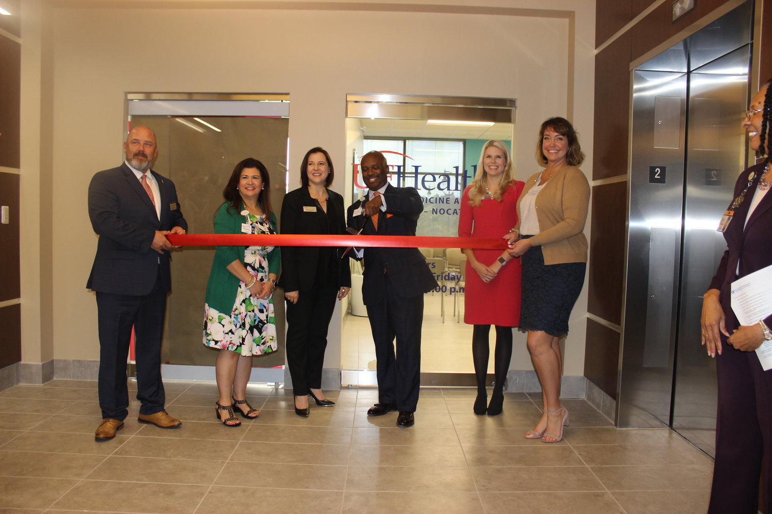 Representatives of UF Health and the St. Johns County Chamber of Commerce gather for a ribbon-cutting ceremony to celebrate the opening of UF Health’s new family medicine and pediatrics office in Nocatee. Pictured is David Godwin, Dr. Victoria Array, Isabelle Renault, Dr. Leon L. Haley Jr., Dr. Katherine McMullan and Toni Boudreaux-Godwin.